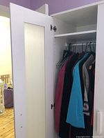 Open door view revealing interior with hanging rod holding clothes hangers and a shelf above the rod.