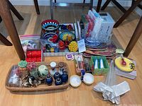 Overview of all items laid out including plates, shakers, sauce dishes, cups, napkins and coasters