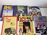 Six vintage magazines and comic lot laid out showing covers and titles