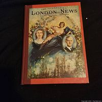 Front cover of the Illustrated London News volume with portraits of Queen Elizabeth II and Prince Philip and floral artwork.