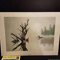 Signed limited edition lithograph art print showing misty lakeside scene with bare trees and forest in the background.