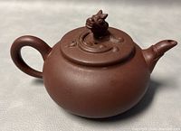 Photo of the teapot with lid on, showing dragon head finial on top and spout.
