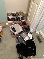 Photo showing multiple boxes of women's shoes lined up on carpet floor including boots, sandals, slippers and shoe bags
