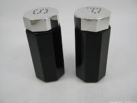 Pair of black glass shakers with octagonal shape and metal screw-on lids standing upright on white surface.