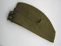 Side angle view of the olive-green wedge cap showing the two brass buttons and the top fold detail.