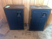Pair of Zenith Allegro 3000 vintage floor speakers placed on carpet against wood paneled wall, showcasing wood veneer sides and black fabric front panels with branded badge.