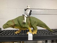 Side and front views of the Sandtrooper mounted on the Dewback creature figure, showing scale and details of both items including paint wear on the Dewback's tail.