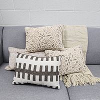 Five assorted throw cushions and a woven throw blanket displayed on a gray sofa, showing textures and patterns.