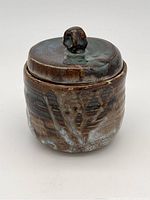 Front and side view of ceramic lidded container showing textured glaze and sculptural knob on lid.