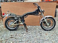 Overall side view of the 1981 Yamaha XV750 Virago frame with wheels and some components attached