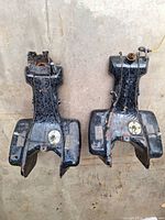 Pair of used black fuel tanks for Yamaha Venture Royale motorcycle, showing top and bottom sides with dirt and rust patches.