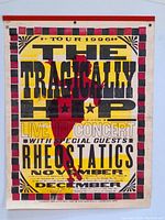 Full view of the concert poster showing bold text, colors, red silhouette map, and event details.
