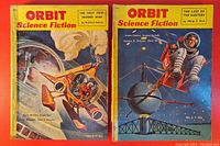 Front covers of two Orbit Science Fiction pulp magazines, 1954 editions with colorful space exploration illustrations.