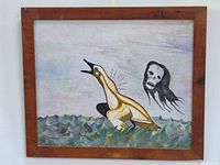 Full view of the framed 20x24 inch painting depicting a stylized bird in water with a ghostly face in the sky.