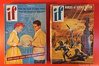 Front covers of August 1954 and November 1954 IF Worlds of Science Fiction magazines. Colorful vintage pulp art with sci-fi themes.
