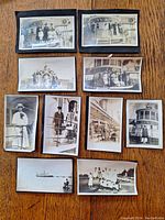 View of 10 vintage black and white photos mounted on black album page showing passengers and exterior views of SS Cayuga.
