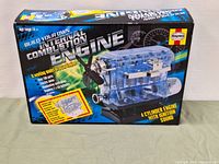 Box of the Build Your Own Internal Combustion Engine model by Haynes showing illustration of a transparent 4 cylinder engine model with sound feature.