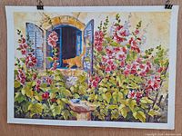 Full view of colorful lithograph showing a cat on a windowsill surrounded by many flowering plants and open window shutters.