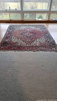 Full view of Persian Hamadan Oriental rug laid on hardwood floor near windows