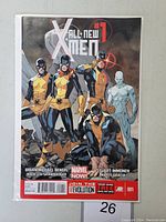 Front cover of The All New X-Men #1 Marvel comic book featuring five X-Men characters in yellow and black suits, showing noticeable front cover crease.