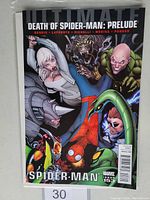Front cover of Ultimate Spiderman #153 comic book titled 'Death of Spider-Man: Prelude' featuring Spider-Man with several villains.