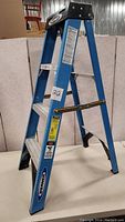 Full view of blue Werner step ladder showing overall structure and stepped frame