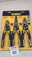 Front view of the DeWalt 3 pack pliers set in original packaging showing all three pliers side by side.