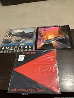 Neil Young LP records including 'American Stars 'n Bars', 'Trans', and 'Re·ac·tor' placed on a table.