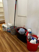 Photo of the lot showing gallon containers of Clorox Cleaner & Bleach and Windex Glass Cleaner with mop buckets and cleaning tools.