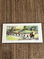 Framed watercolor print showing a mother duck and ducklings walking in a park setting with trees and distant buildings. Print is laid flat on a textured carpet.
