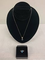Full view of the jewelry set displaying the necklace on a black stand and the ring in a black box, showing the aquamarine gemstones.
