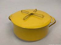 Angled side view of yellow enamel covered pot showing lid and side handles.