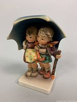 Front angle view showing the two children standing close under a blue umbrella on a white base.