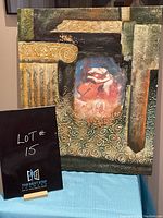 Front view of textured canvas art showing classical architectural column detail and central nude figure.