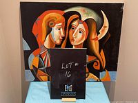 Original unframed art on canvas showing abstract portrait with two figures and a crescent moon background, visible wear on right edge.