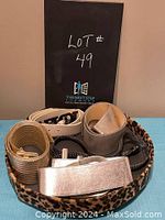 Set of six wide fashion belts in various metallic silver and gold colors arranged in leopard print round container, showing different buckle types and textures.