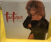 Front album cover image of Tina Turner's "Break Every Rule" LP vinyl record featuring Tina Turner in a leather jacket with bold lettering.
