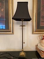 Full view of the decorative brass electric table lamp with its black pleated fabric shade, showing the lamp's height and overall design.