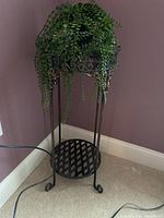 Decorative metal stand holding a plant with cascading foliage, showing height and usage.