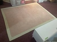 Photo of rectangular Pottery Barn Kids area rug laid on floor. Light pink center with light green and cream striped border. Rug shows signs of some dirt and wear, needs cleaning.