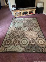 Photo showing the full carpet on a living room floor with TV stand and furniture in the background, highlighting the pattern and color.