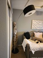 Photo showing full curved floor lamp next to a couch and wall, with black drum shade and metal stem.