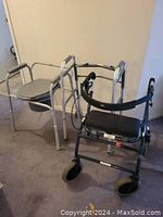 Front view showing silver walker with seat, dark walker with wheels, and portable commode