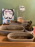 Photo showing three cement planters, Dali Facial Hair beard wax box, glass bell jar, and potted cactus on wooden tray