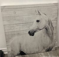 Front view of square canvas artwork depicting a white horse and moon with wooden textured background.