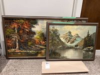 Two framed landscape paintings side by side on a carpeted floor; one shows autumn trees and water, the other mountains and lake.