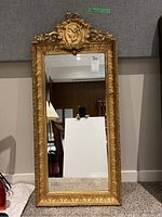 Full view of rectangular wall mirror showing ornate gold frame and crest.