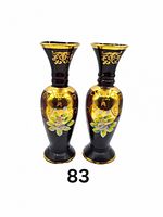 Pair of tall amethyst-colored Venetian glass vases with gold and floral hand painted decor shown from front view.
