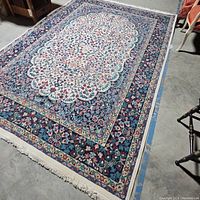 Full view of rectangular rug showing overall pattern, border and fringe