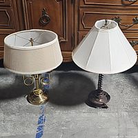 Two table lamps side by side on floor, showing full lamps and shades.